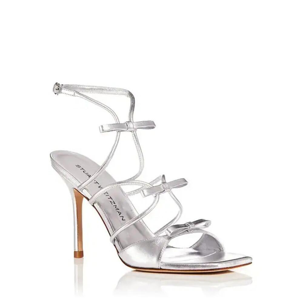 Stuart Weitzman Tully 100 Bow Strappy Sandal Silver Size 9